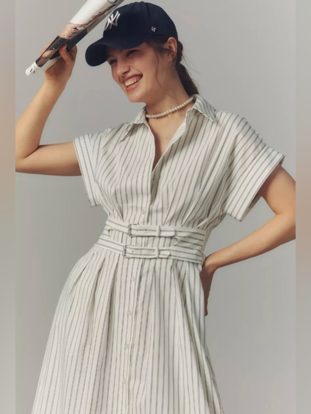 Anthropologie Exquise Tobie Striped Belted Shirt Dress in Light Cream - Picture 2 of 7